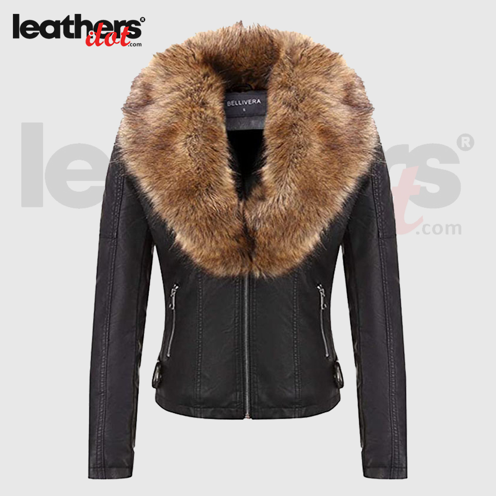 Womens Faux Fur Collar Winter Bellivera Leather Jacket