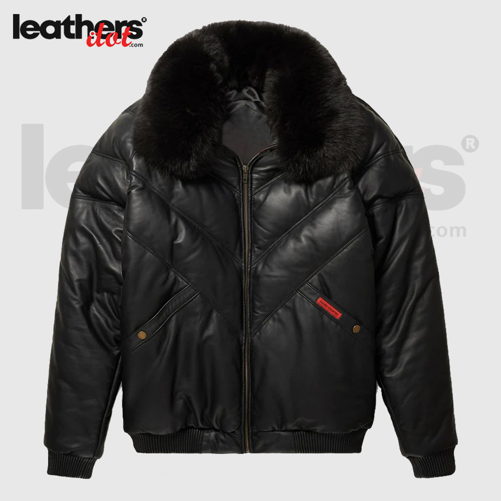 Black V-Bomber Leather Fox Fur Collor Jacket