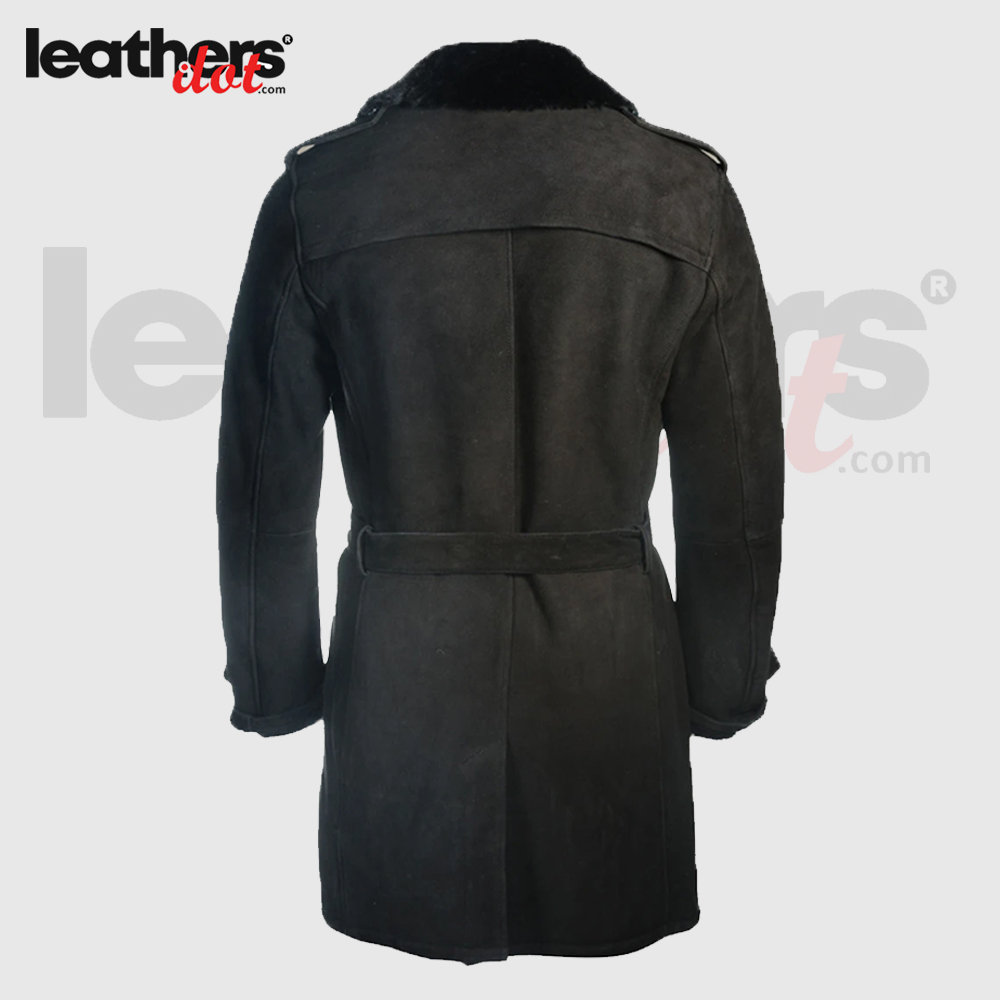 Men Black Shearling Sherpa Trench Leather Coat