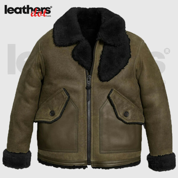 Men Classic Shearling Leather Trim Bomber Jacket