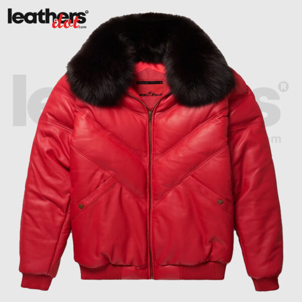 Red V-Bomber Down Goose Leather Jacket For Men