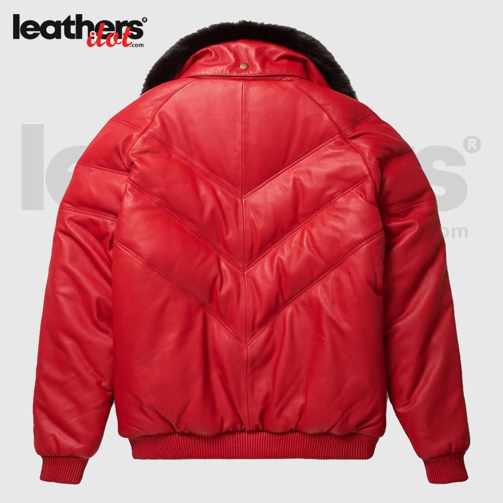 Red V-Bomber Down Goose Leather Jacket For Men