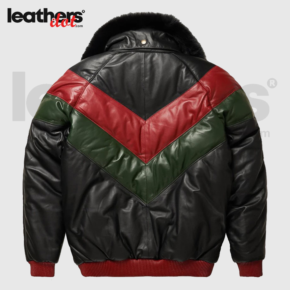 Premium Leather V-Bomber Red, Green & Black Jacket