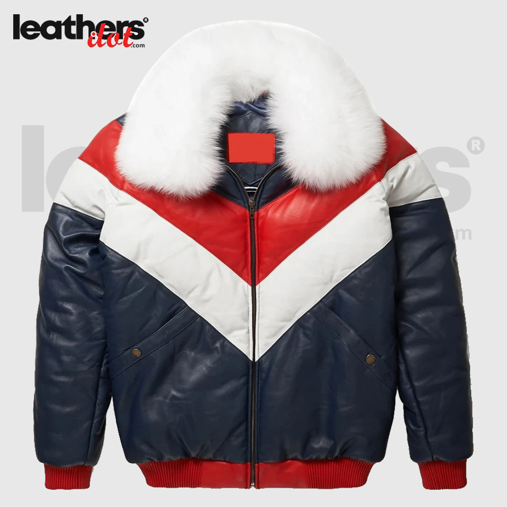 Down Goose Red and White V Bomber Leather Jacket