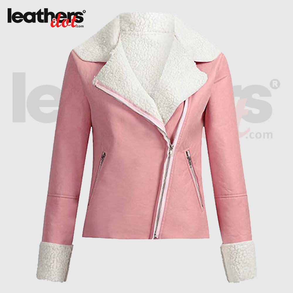 Women Suede Nappa leather Biker Jacket in Pink & White