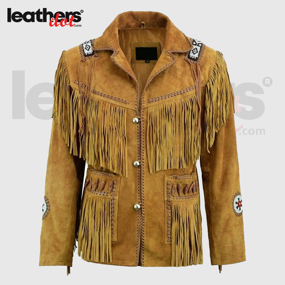 100% Real Brown Western Suede Leather Jacket with Fringed Tassels