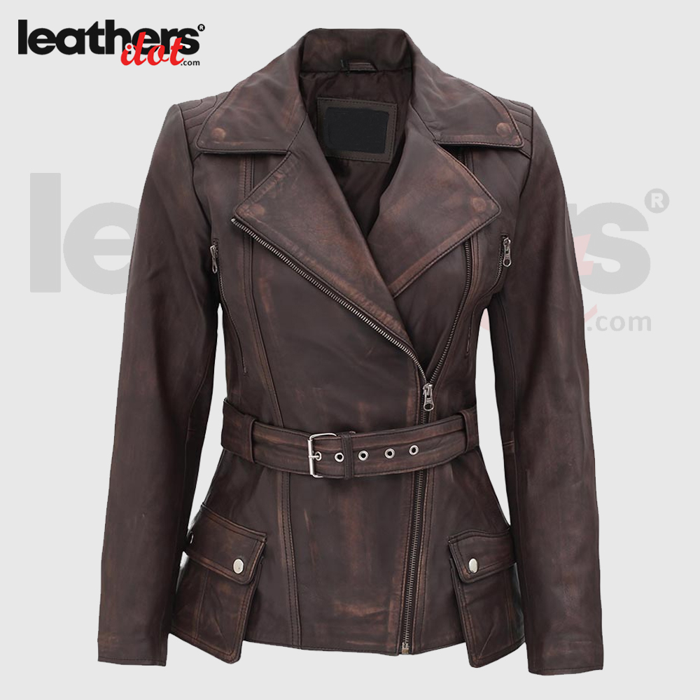 Fashionable Women Vintage Slim Fit Brown Distressed Leather Jacket
