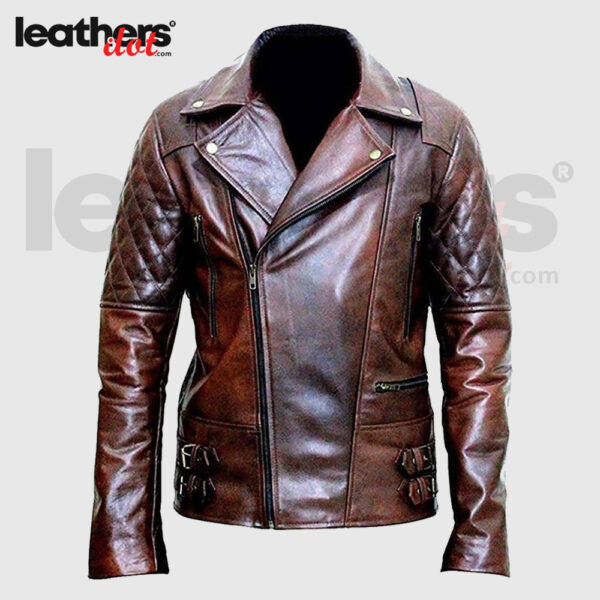 Men Motorcycle Cafe Racer Distressed Brown Leather Jacket