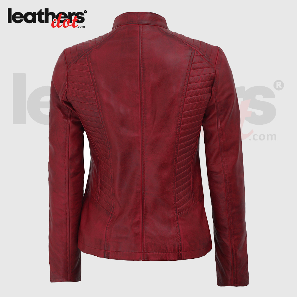 Top Rated Maroon Womens Distressed Motorcycle Leather Jacket