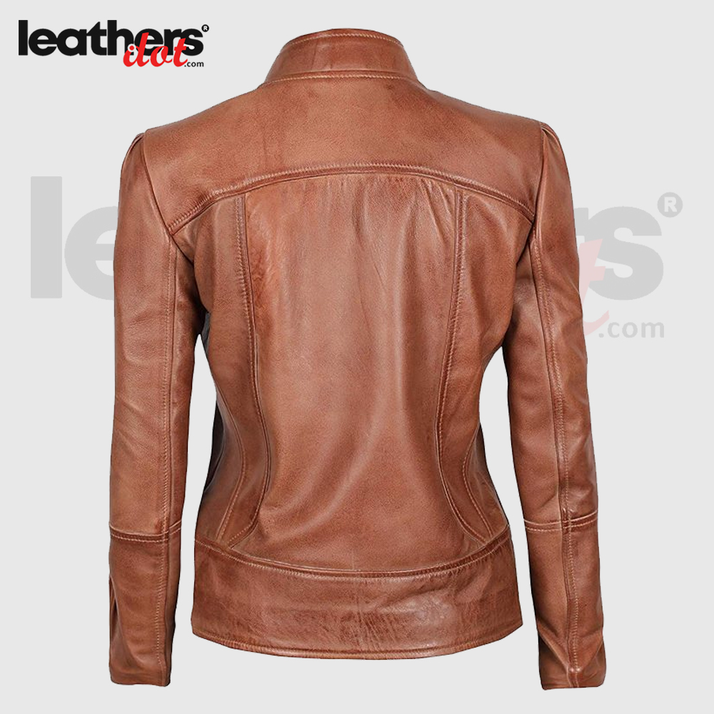 Women Distressed Motorcycle Brown Leather Jacket