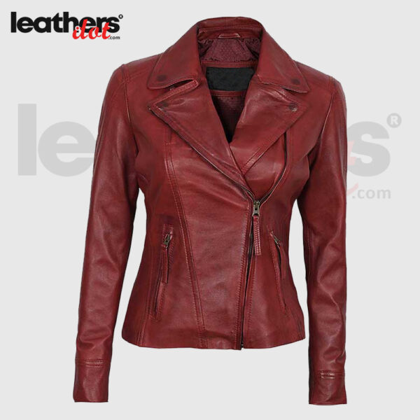 Womens Cherry Red Motorcycle Biker Leather Asymmetrical Jacket