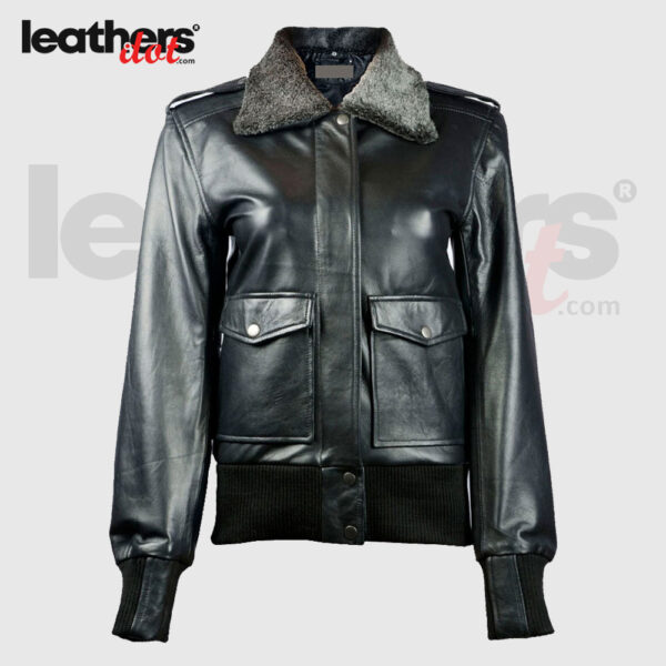 Beautiful Women Shearling Flight Leather Bomber Black Jacket