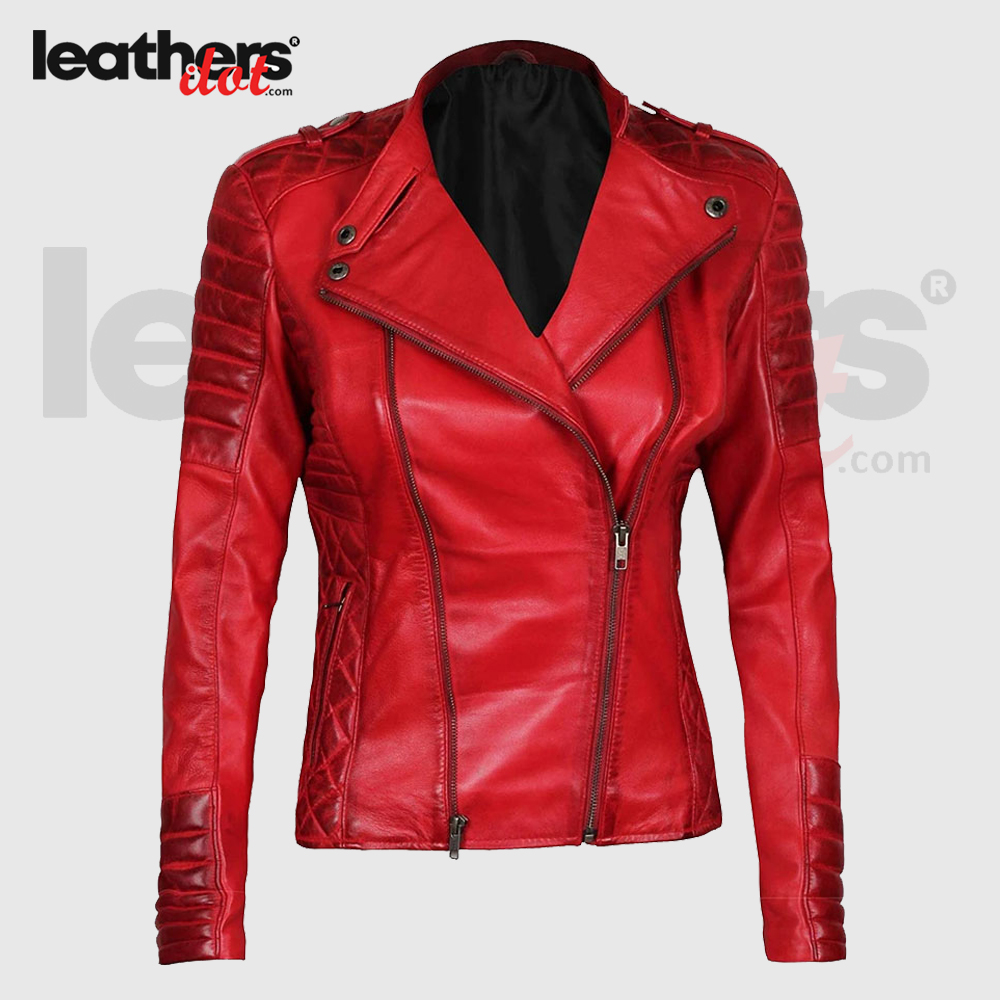 Premium Lambskin Red Leather Bomber Biker Jacket for Women