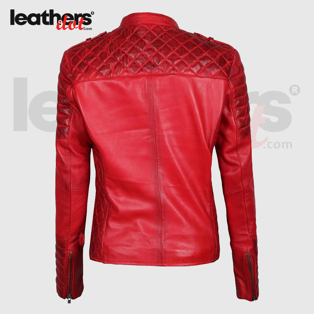 Premium Lambskin Red Leather Bomber Biker Jacket for Women