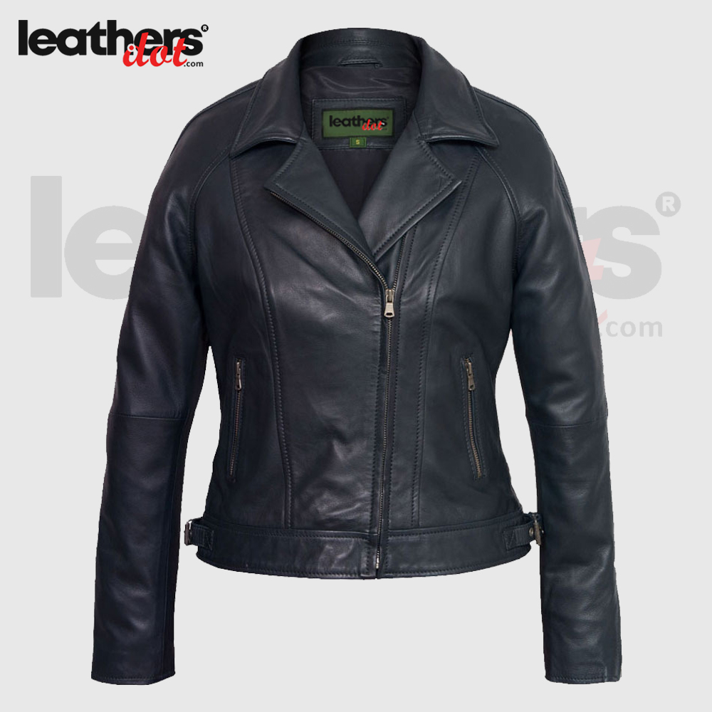 Women Fashion Cowhide Leather Bomber Navy Jacket