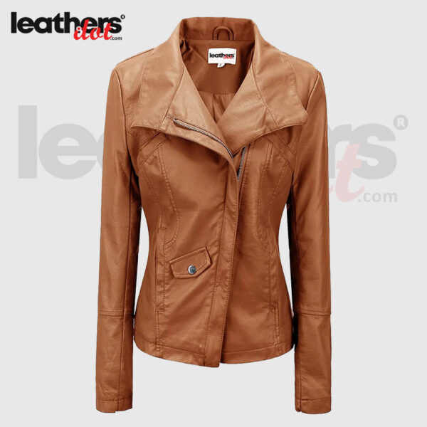 Women Pu Lambskin Stylish Biker Fashion Leather Brown Jacket