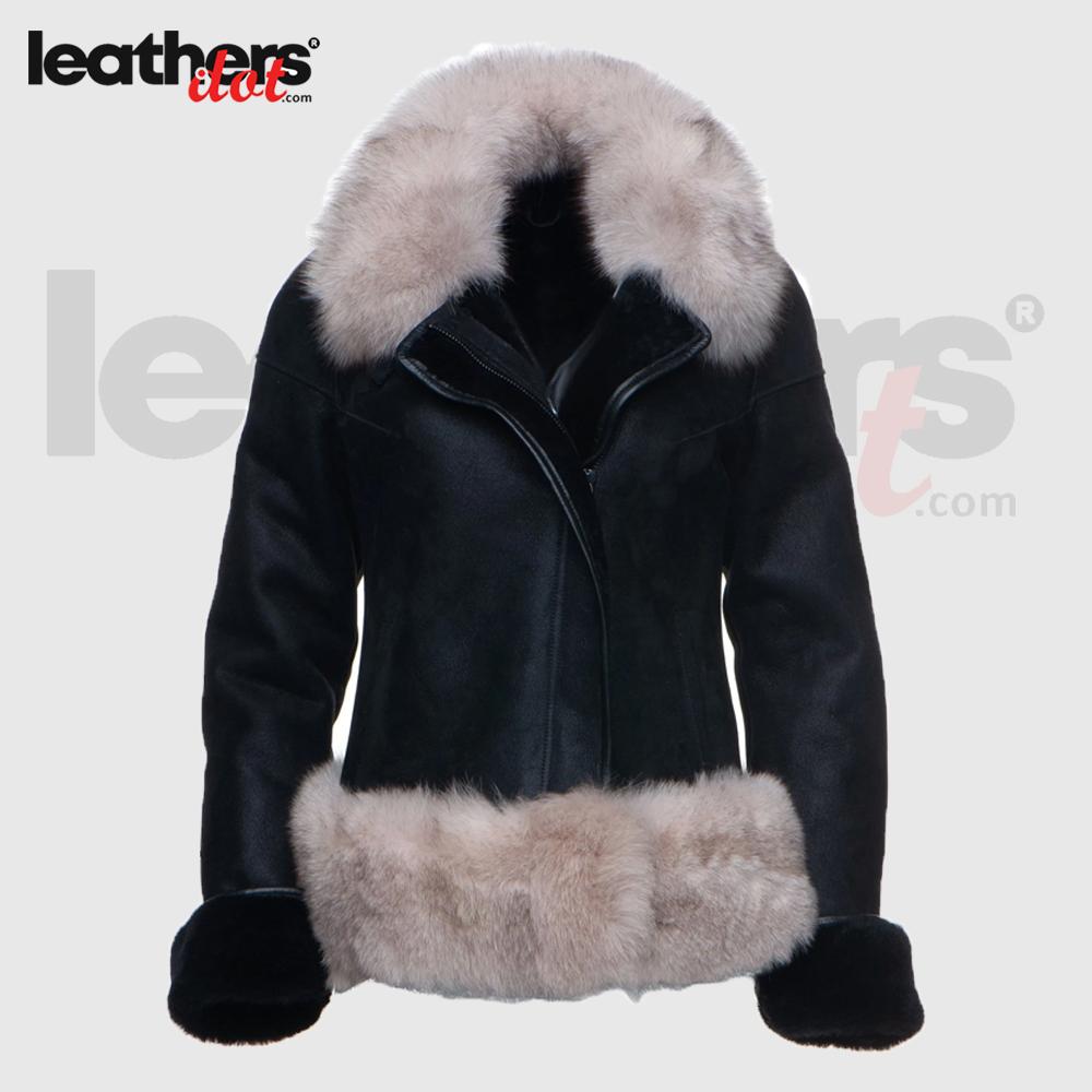 New Women Black Shearling Sheepskin Jacket with Fox fur trim