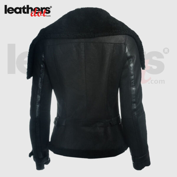 Pure leather Women Sheepskin Oversized Collar Black Jacket