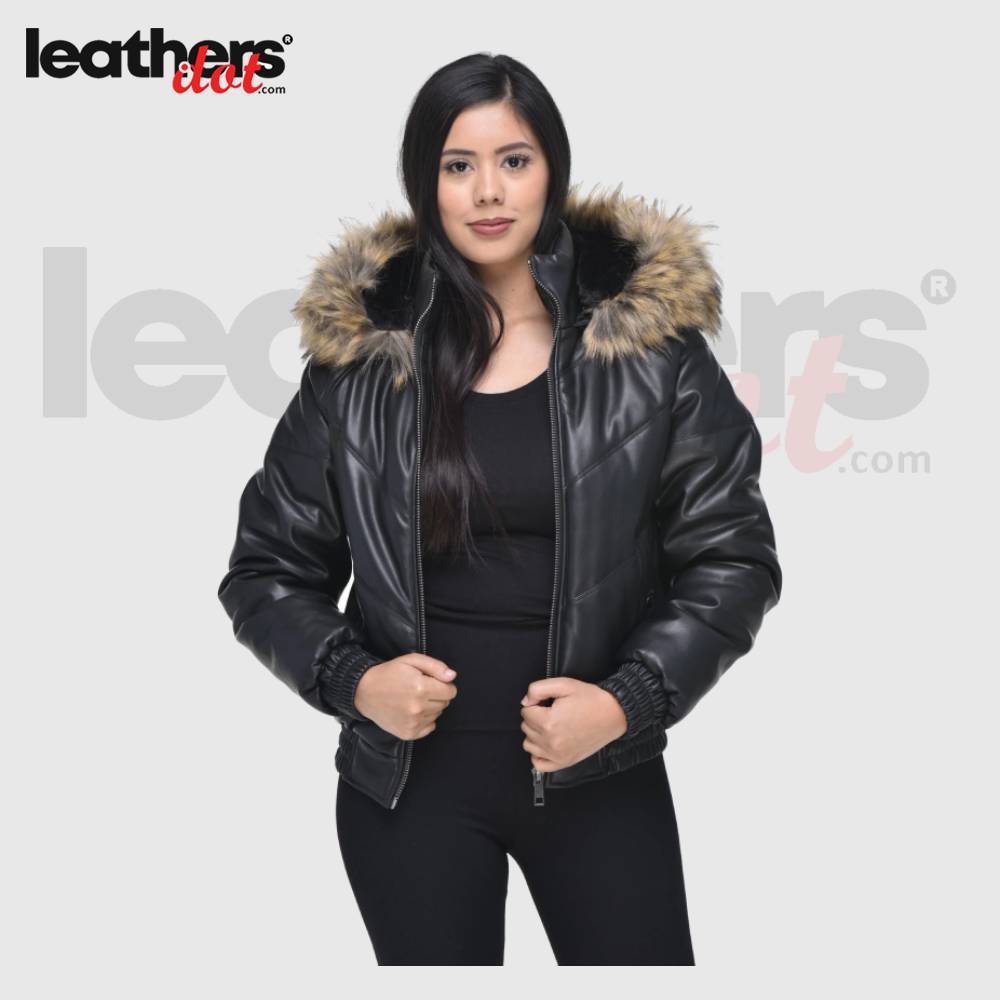 Ladies V Bomber Faux Fur Hooded Leather Jacket