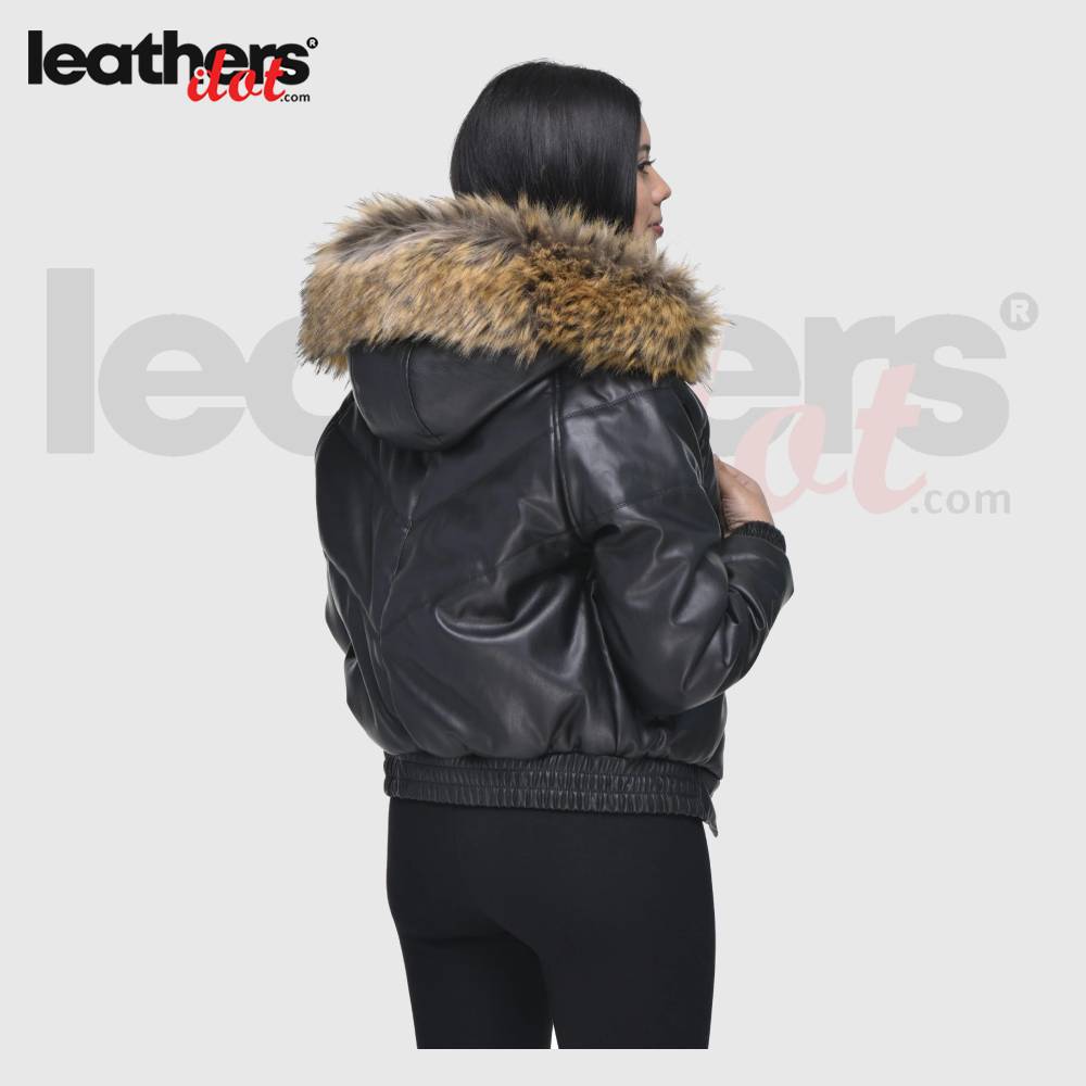 Ladies V Bomber Faux Fur Hooded Leather Jacket