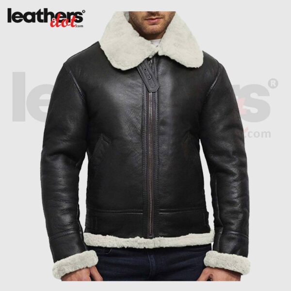 Men's Black B3 Bomber Leather Jacket with White Fur Collar