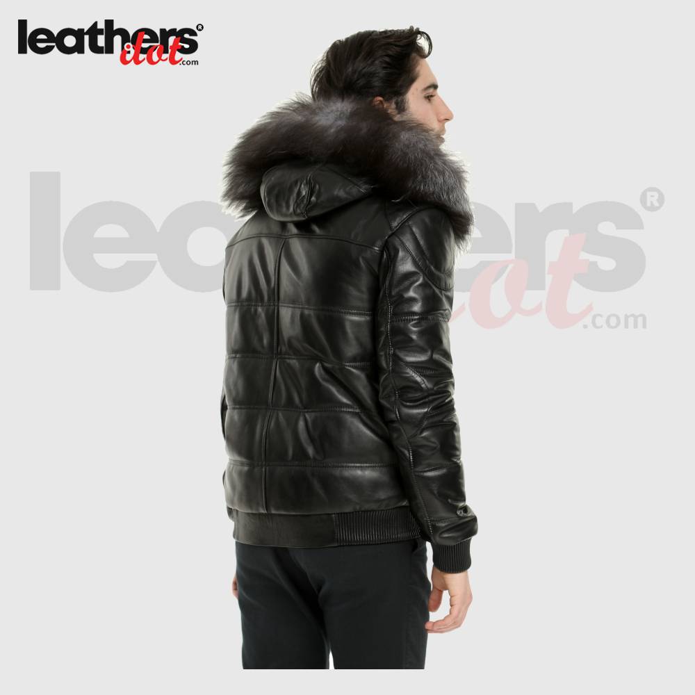 Men’s Detachable Fur Hood Leather Puffer Down Black Jacket