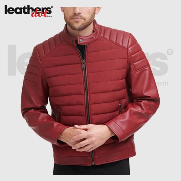 Men's Mixed Red Quilted Leather Puffer Racer Jacket