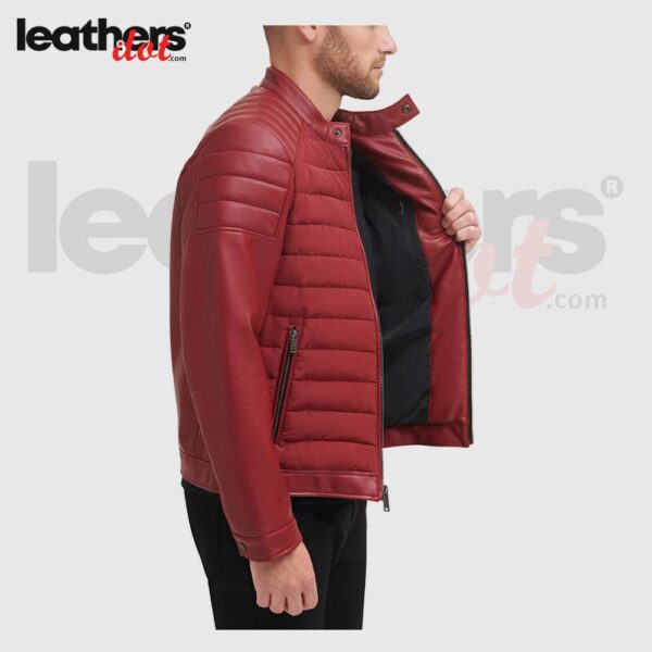 Men's Mixed Red Quilted Leather Puffer Racer Jacket