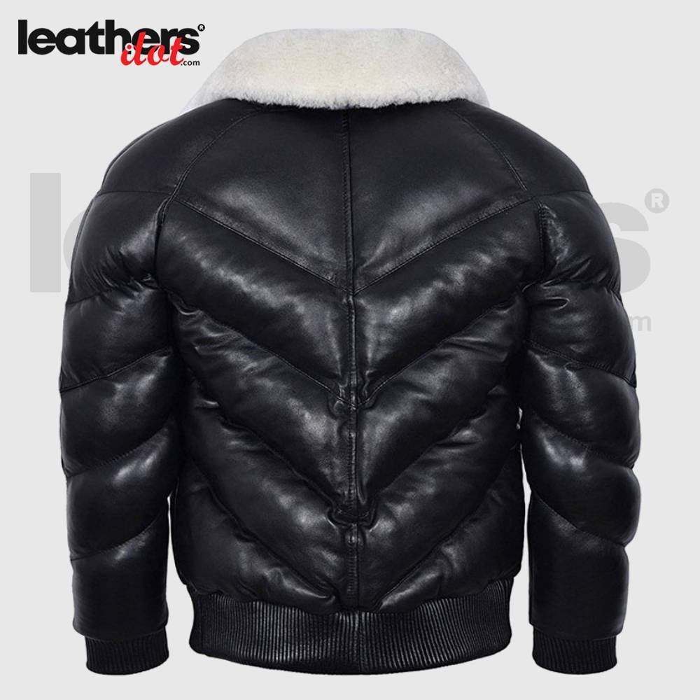 Men's Real White Shearling Collar Black Puffer Leather Jacket