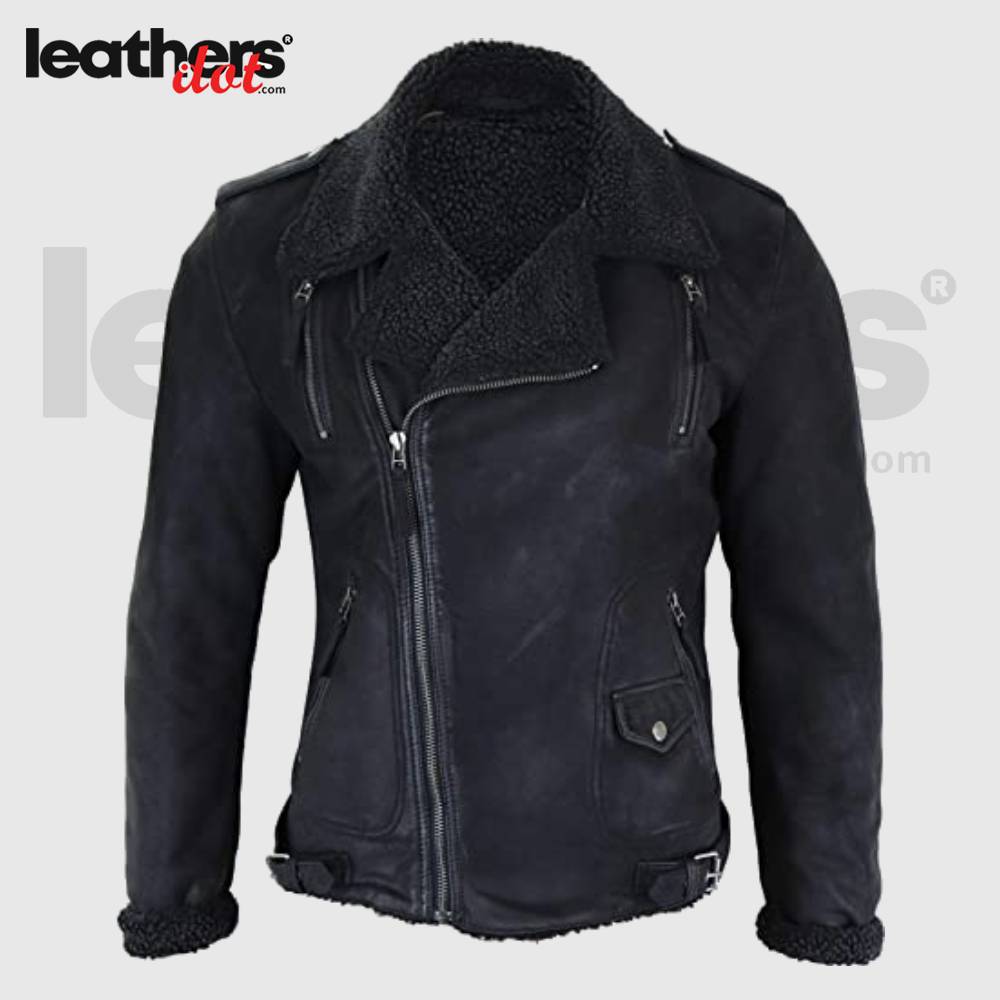 Men's Slim Fit Cross Zip Real Bomber Black Leather Biker Jacket