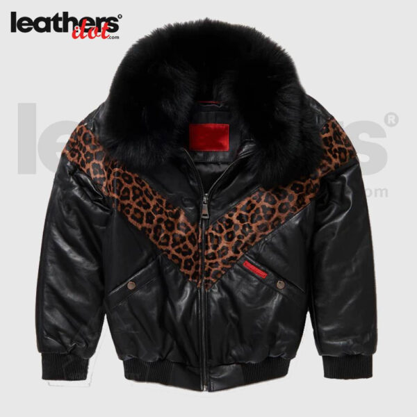 Latest Style Leopard Printed V Bomber Leather Jacket for Ladies