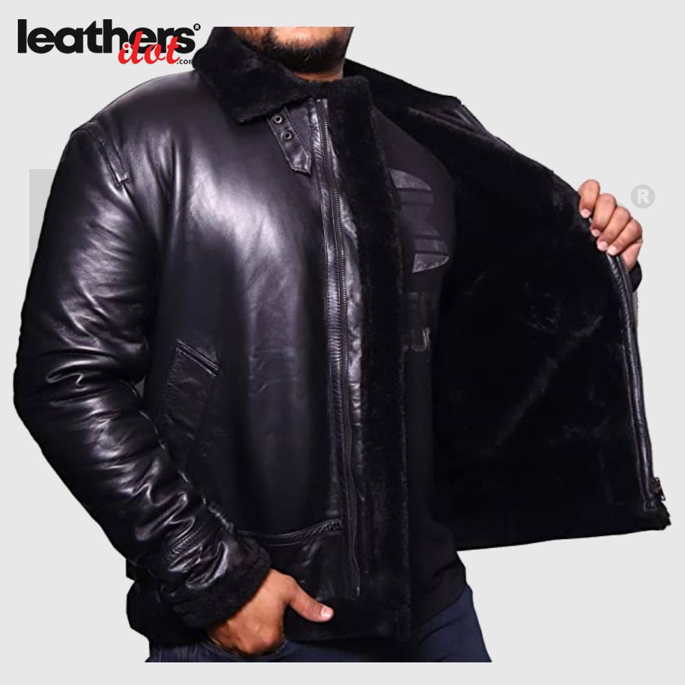 Real Black Shearling Sheepskin Leather Jacket for Men