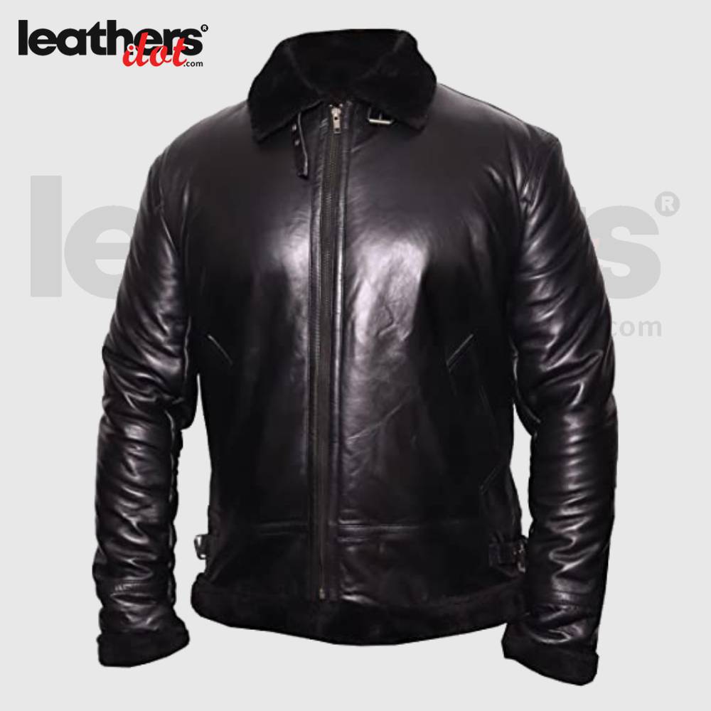 Real Black Shearling Sheepskin Leather Jacket for Men