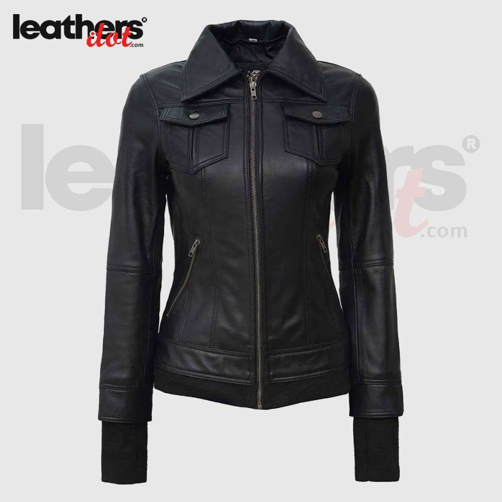 Ladies Black Fitted Bomber Removable Hooded Leather Jacket