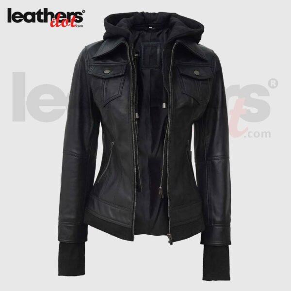 Ladies Black Fitted Bomber Removable Hooded Leather Jacket