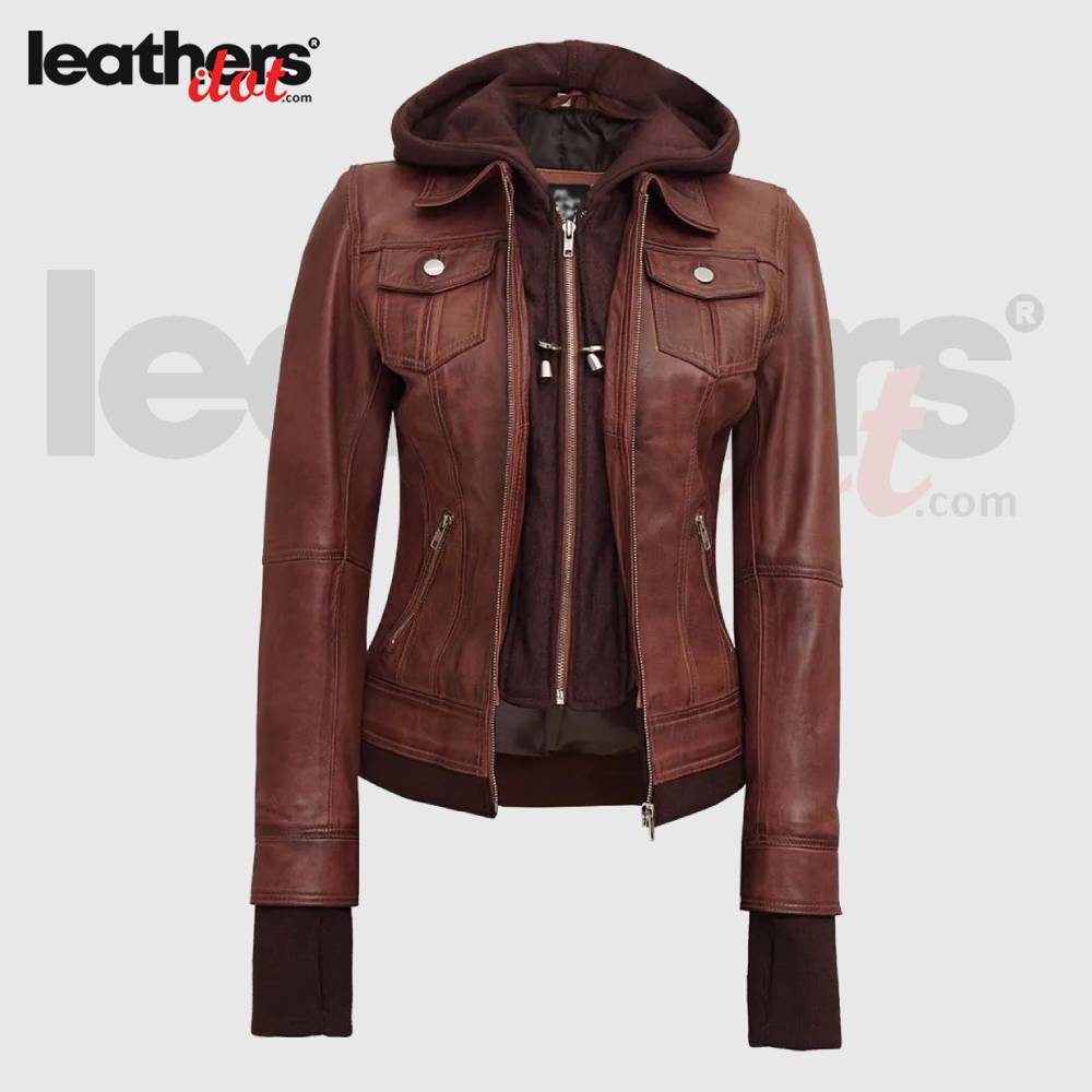 Tralee Dark Brown Women Removable Hooded Leather Jacket