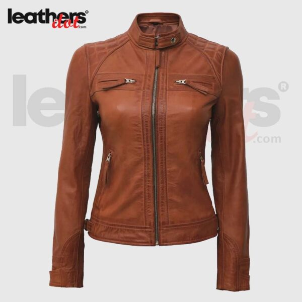 Tan Quilted Motorcycle Leather Jacket For Women