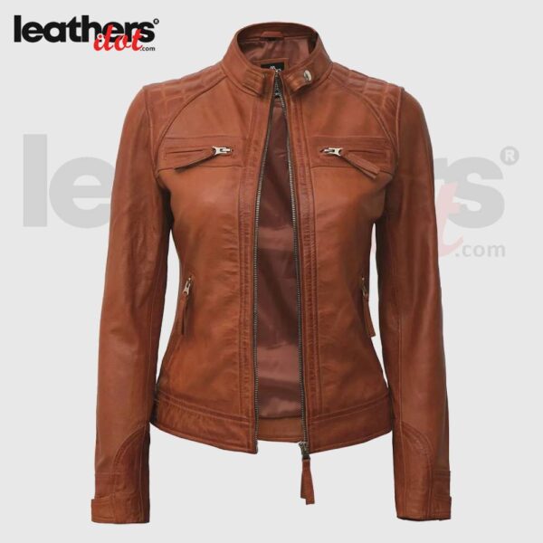 Tan Quilted Motorcycle Leather Jacket For Women