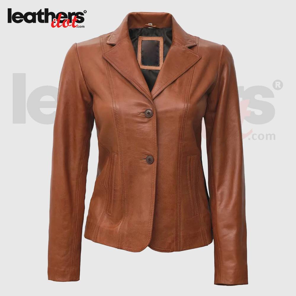 Women’s Tan Blazer Wide Lapel Two Button Leather Jacket