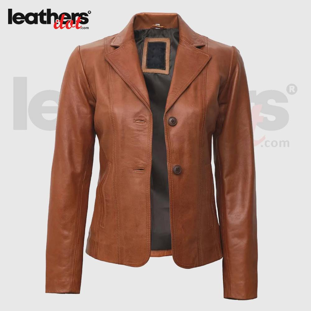 Women’s Tan Blazer Wide Lapel Two Button Leather Jacket