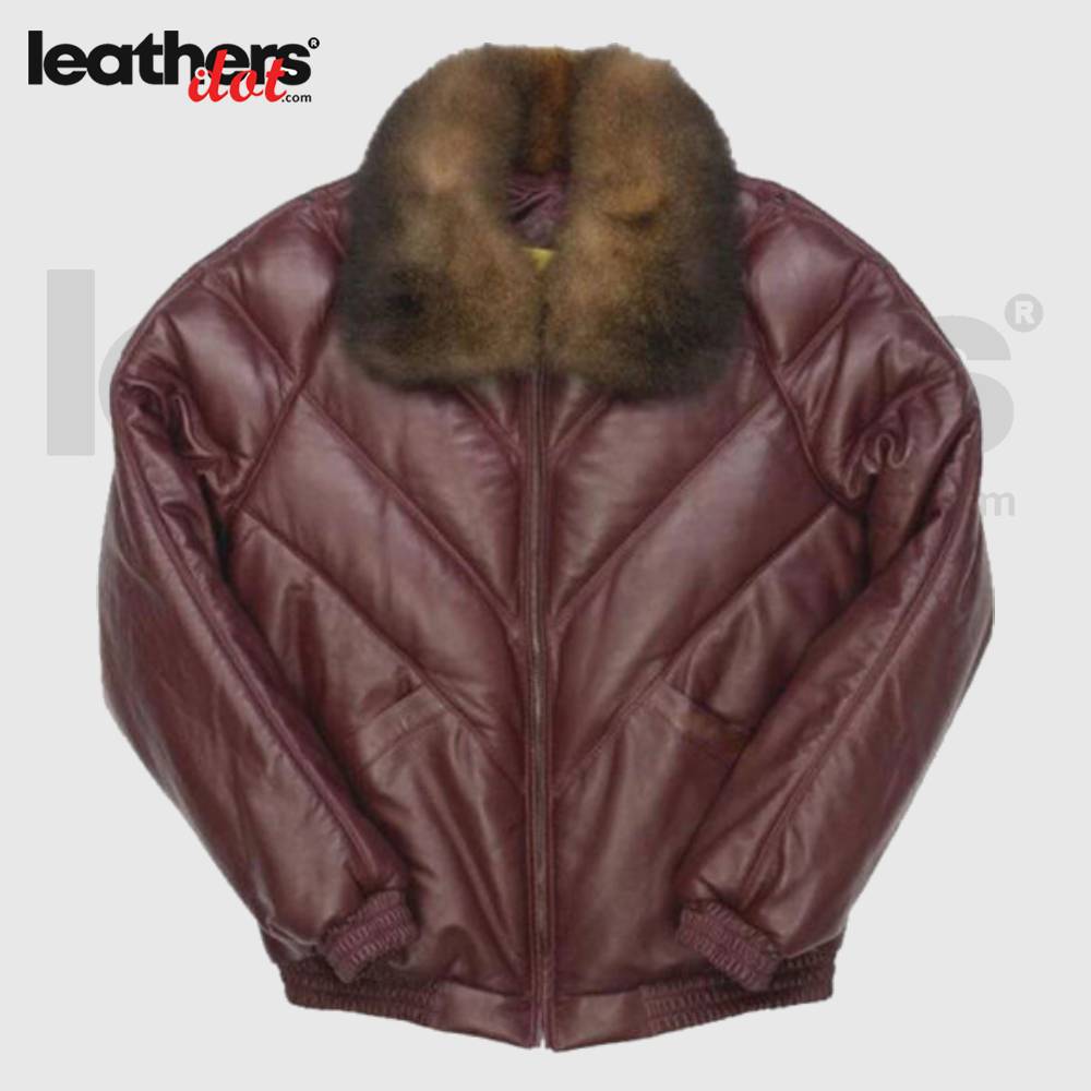 Burgundy Leather V-Bomber Jacket with Fox Fur