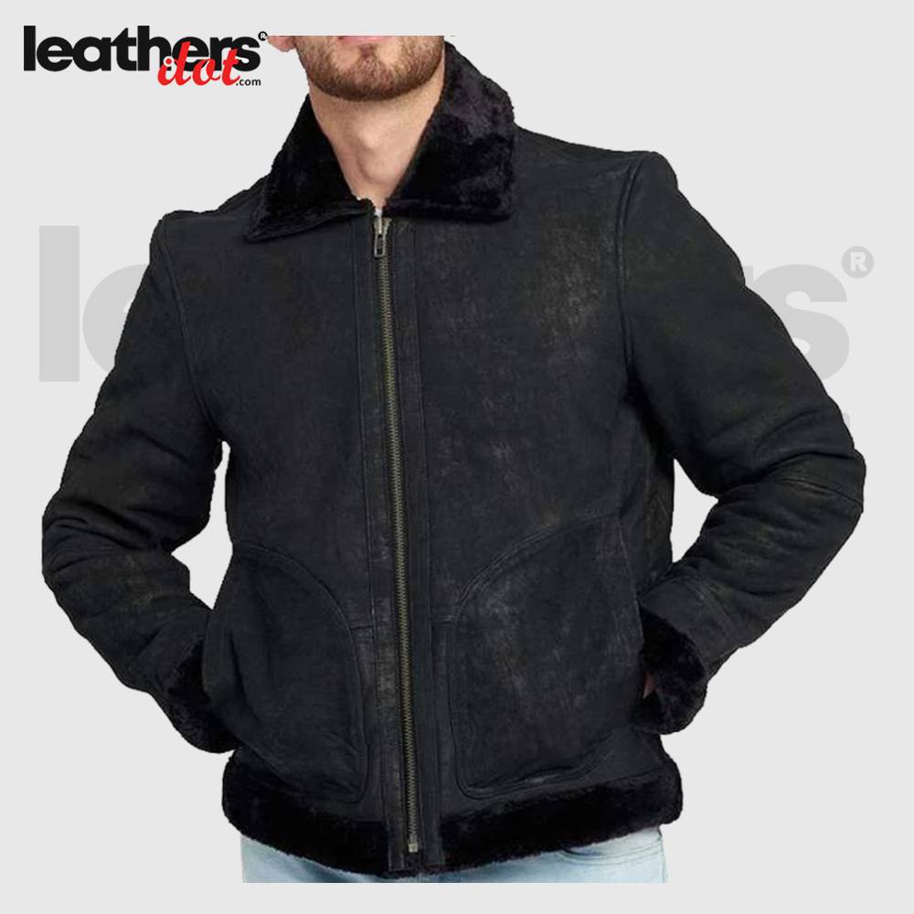 Men's Black Aviator Jacket with Fur Collar and Cuffs