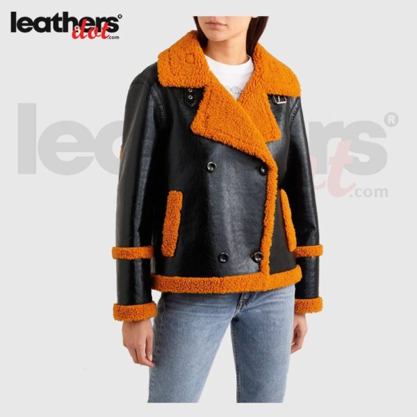 Women Faux Shearling-trimmed Glossed Bomber Leather Jacket
