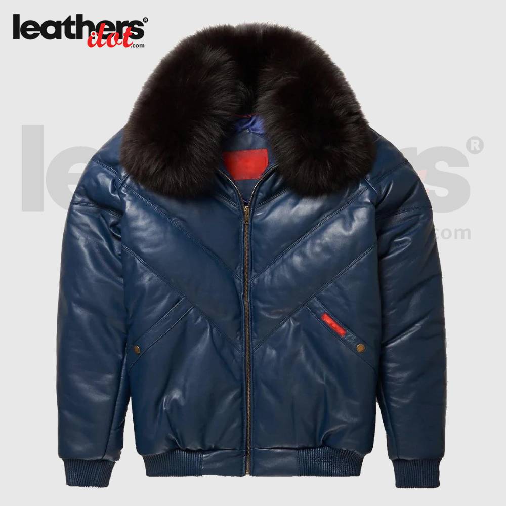 Men's Navy Blue Fur Collar V-Bomber Leather Jacket