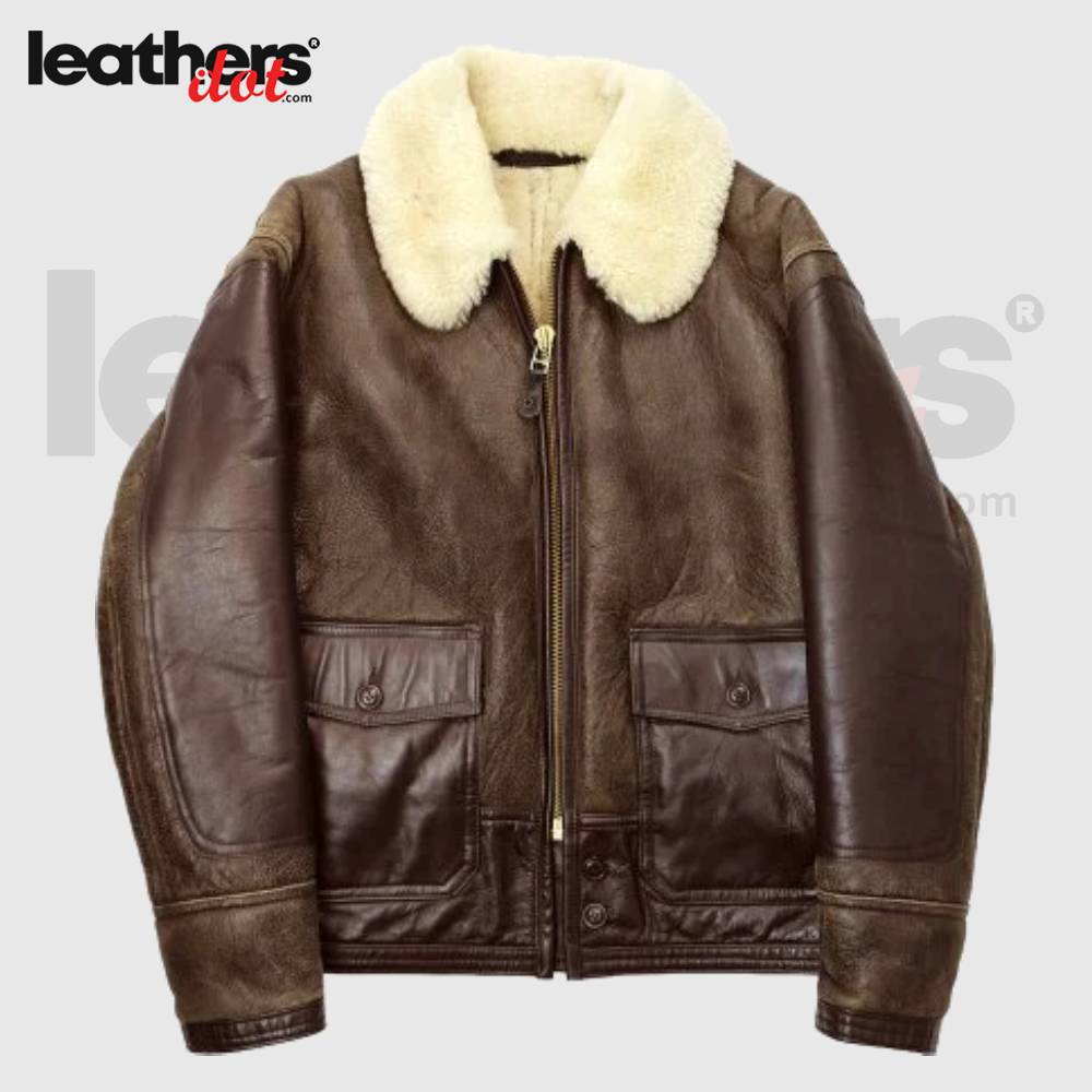 Men's Sheepskin Brown Leather Bomber Jacket