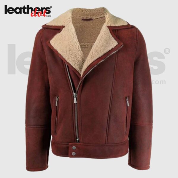 Top Quality Men’s Burgundy Bomber Shearling Leather Jacket