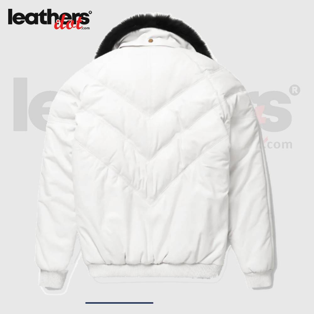 White Leather V-Bomber Jacket with Black Fox Fur