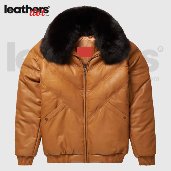 Leather V-Bomber Camel Jacket with Black Fox Fur Collar
