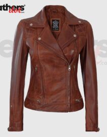 Ladies Distressed Quilted Cognac Biker Leather Jacket