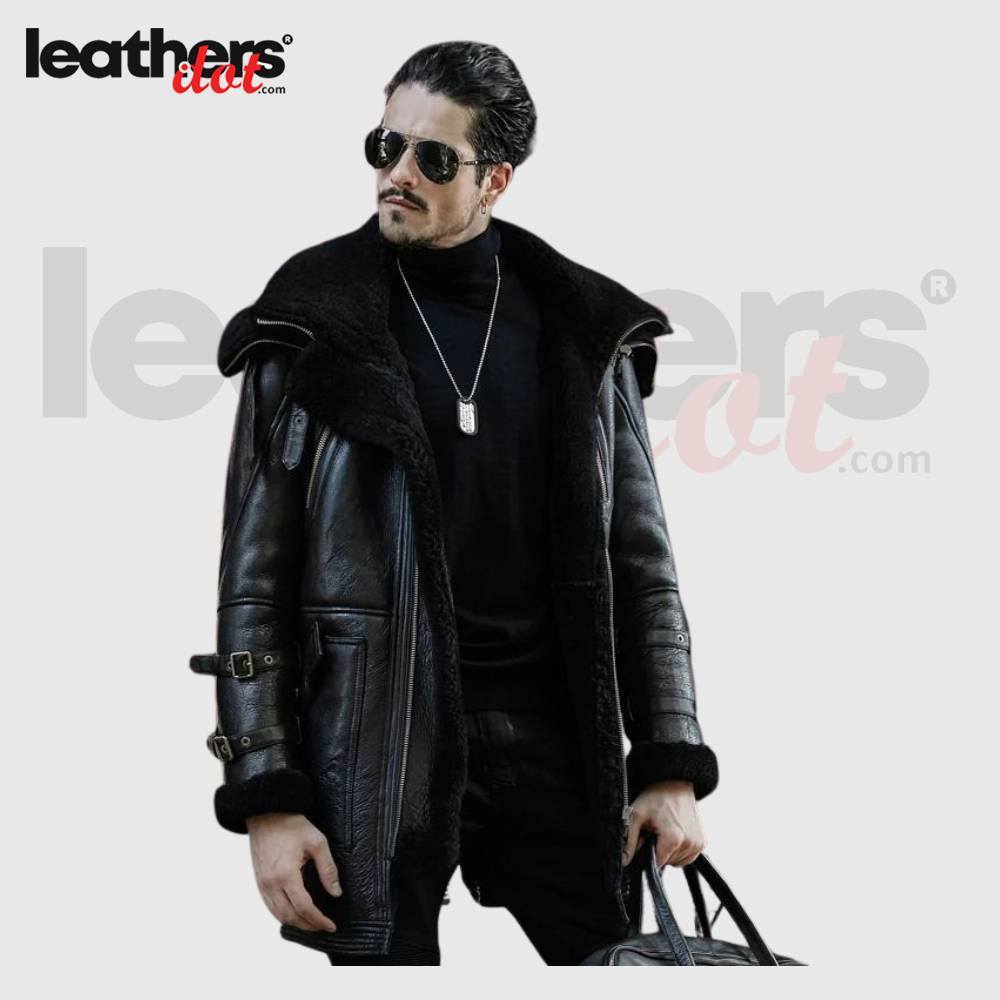 Men's B3 Long Style Double Collar Fur Sheepskin Leather Coat